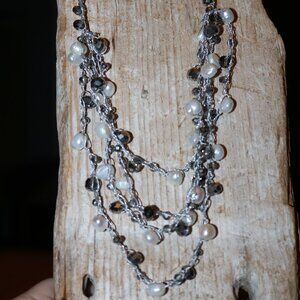 NEW Handmade Grey String Knotted Freshwater Pearl and Crystals Layered Necklace